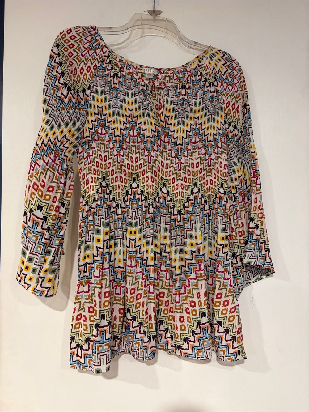 Spense Women's Size Large Multicolor Geometric Chevron Pleated 3/4 Sleeve Blouse